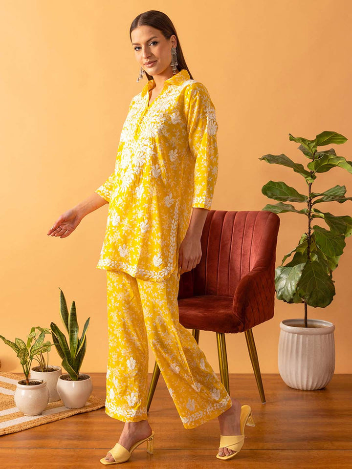 Yellow-&-White-Chanderi-Cotton-Chikankari-Co-Ord-Sets