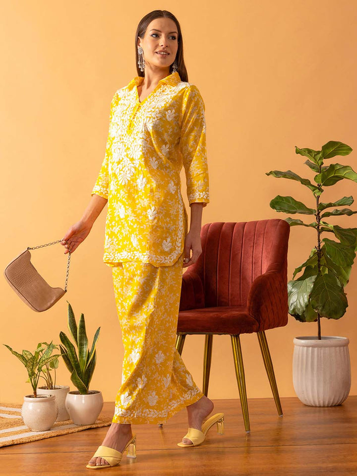 Yellow-&-White-Chanderi-Cotton-Chikankari-Co-Ord-Sets