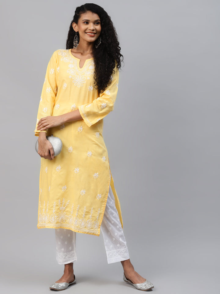 Yellow-&-White-Cotton-Chikankari-2-Piece-Kurta-Set