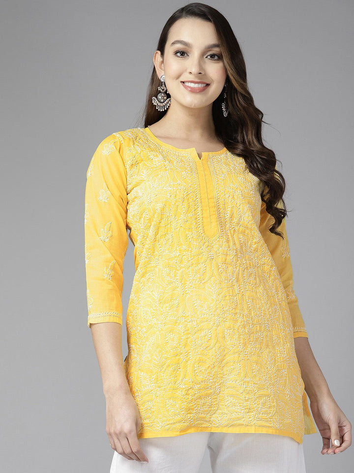 Yellow & White Cotton Chikankari Tunic