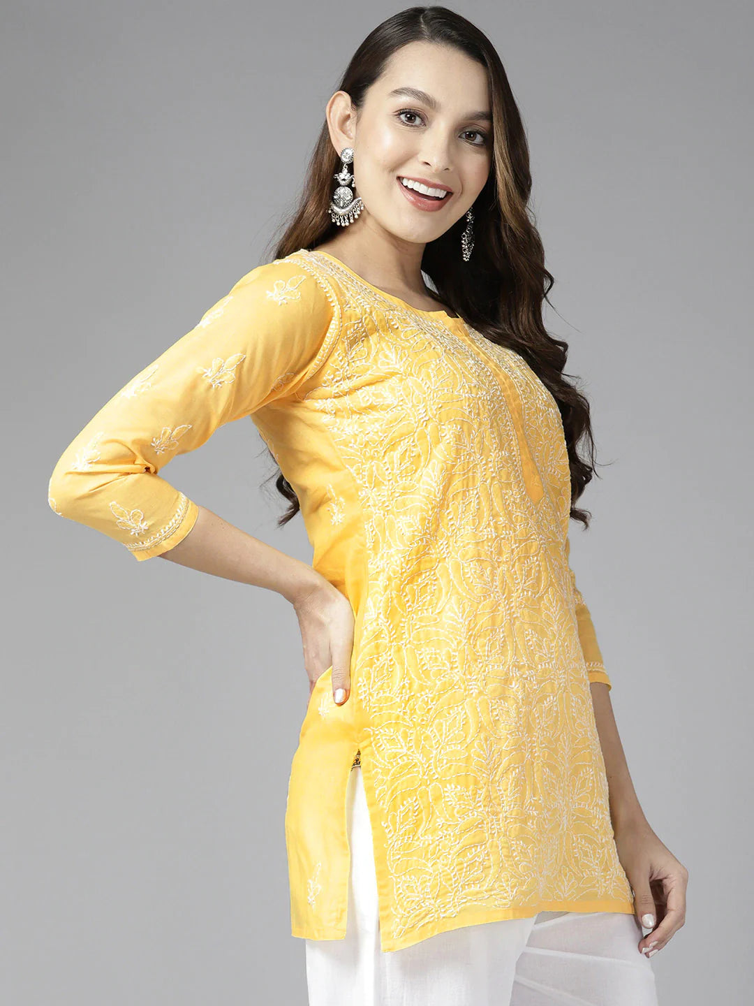 Yellow & White Cotton Chikankari Tunic