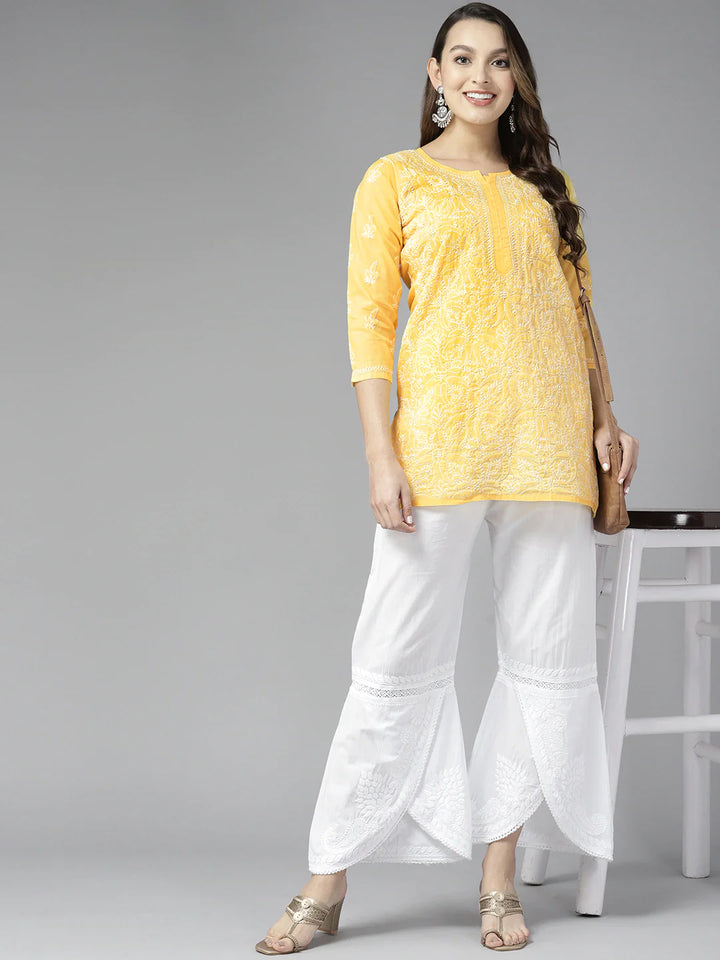 Yellow & White Cotton Chikankari Tunic