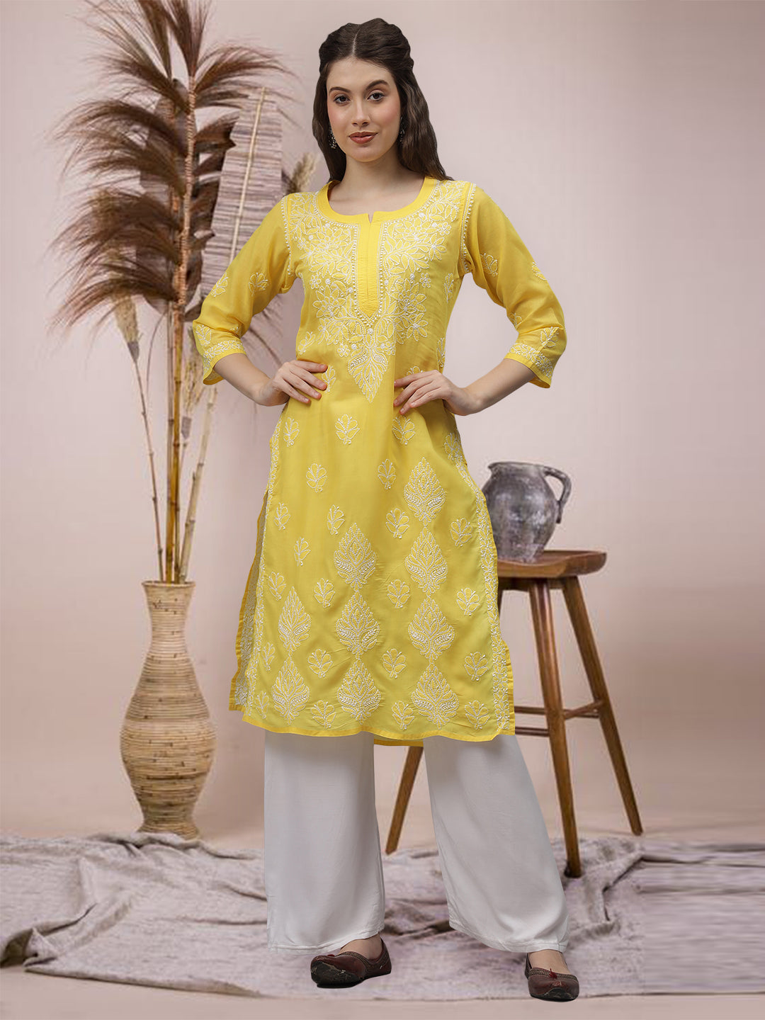 Yellow-&-White-Cotton-Embroidered-Chikankari-Kurta