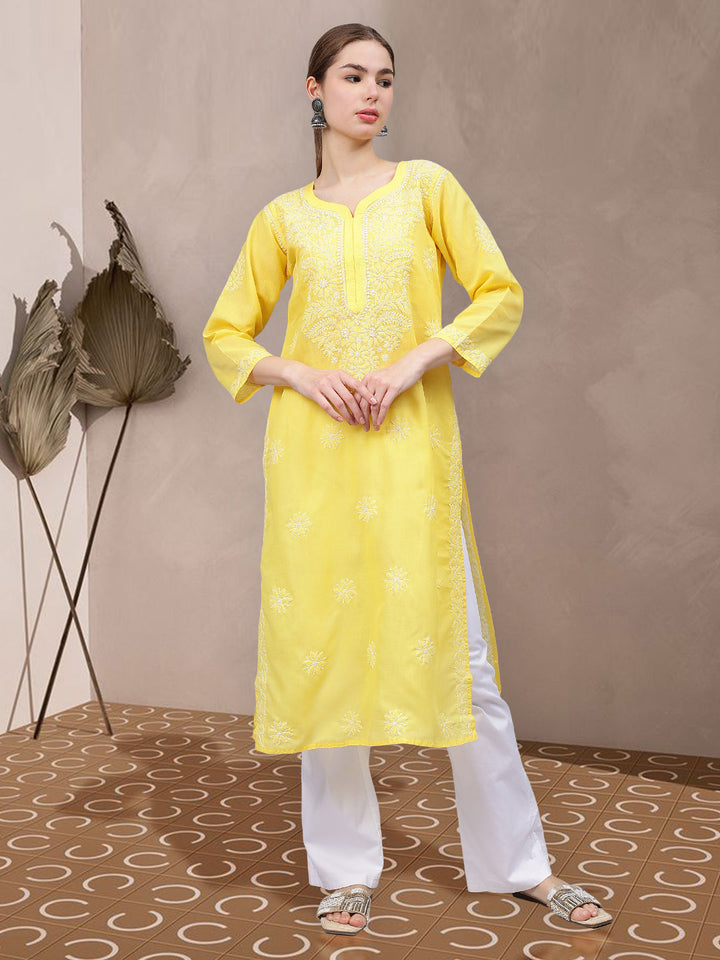 Yellow-&-White-Cotton-Embroidered-Chikankari-Kurti