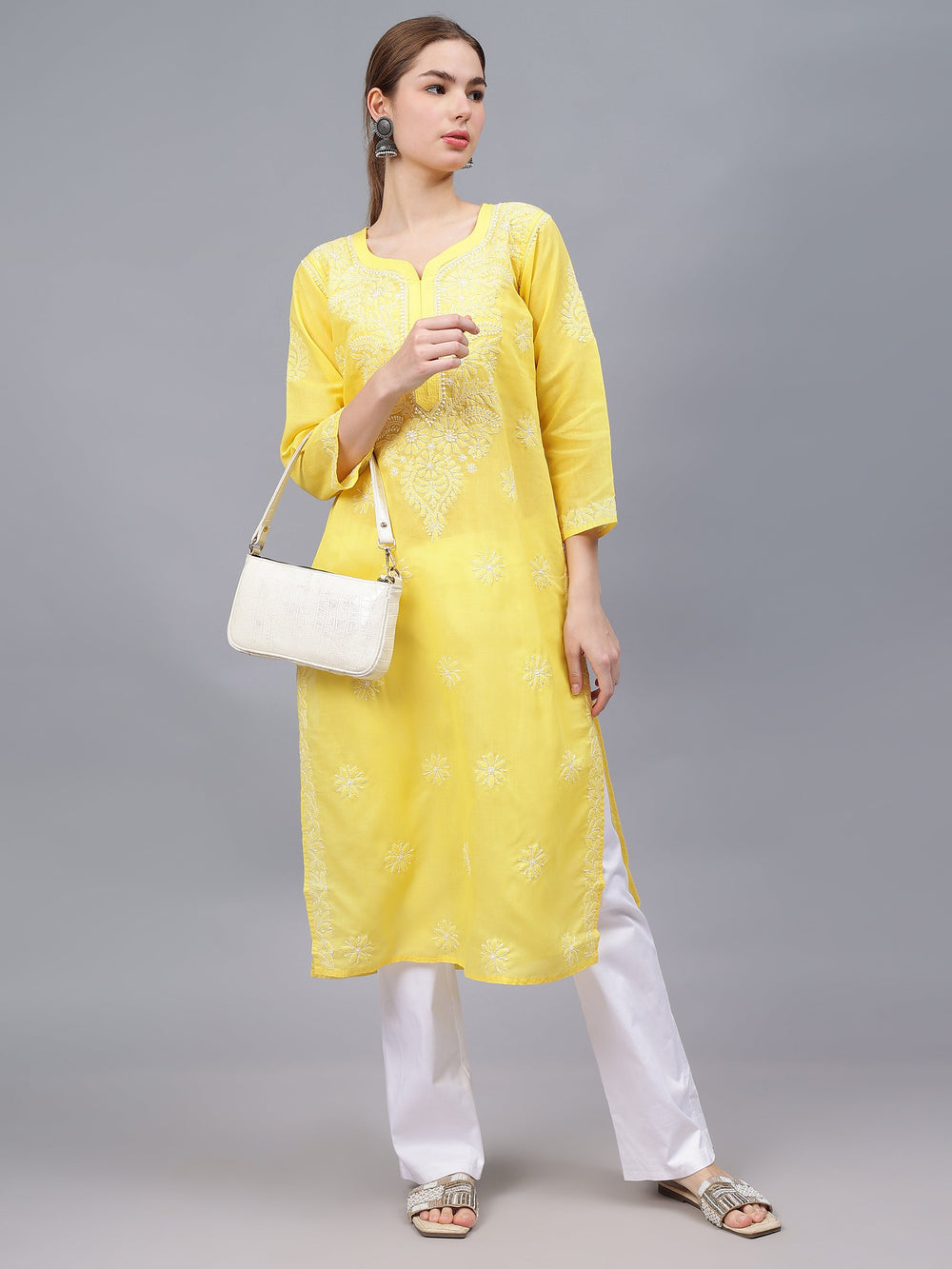 Yellow-&-White-Cotton-Embroidered-Chikankari-Kurti