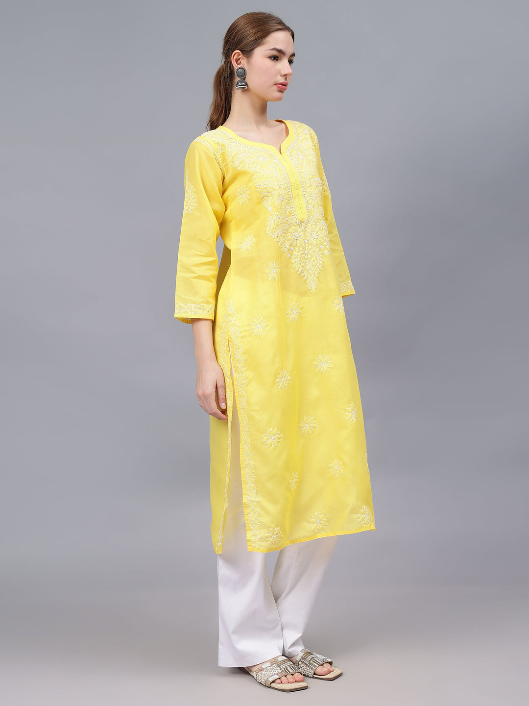 Yellow-&-White-Cotton-Embroidered-Chikankari-Kurti