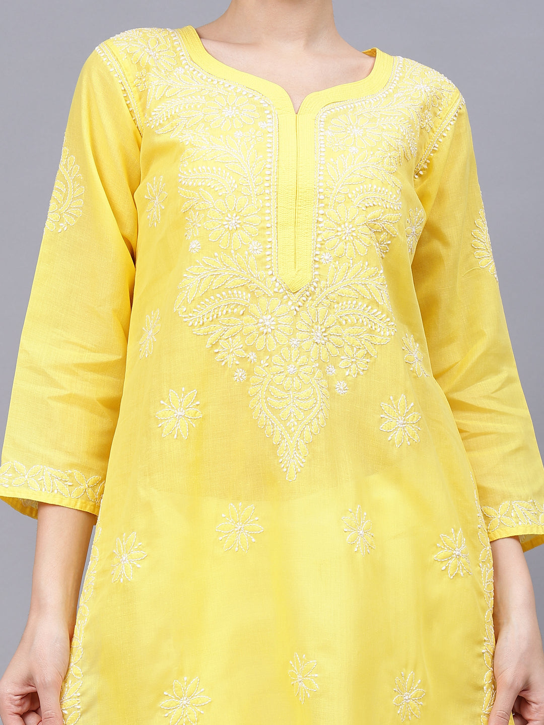 Yellow-&-White-Cotton-Embroidered-Chikankari-Kurti