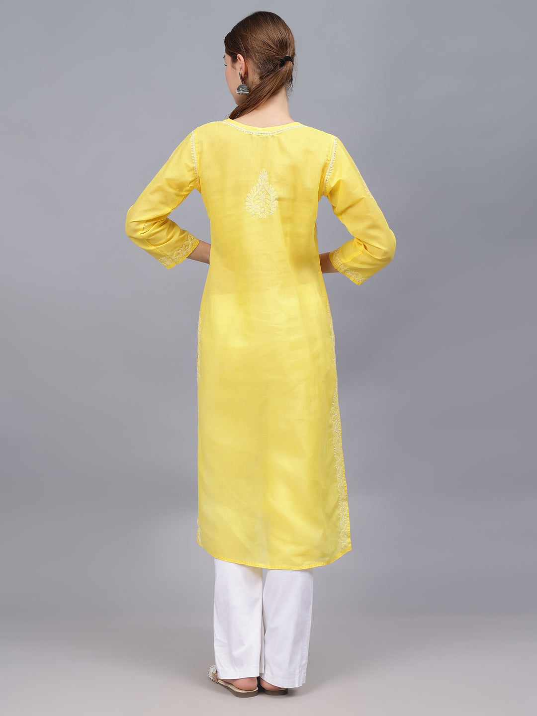 Yellow-&-White-Cotton-Embroidered-Chikankari-Kurti