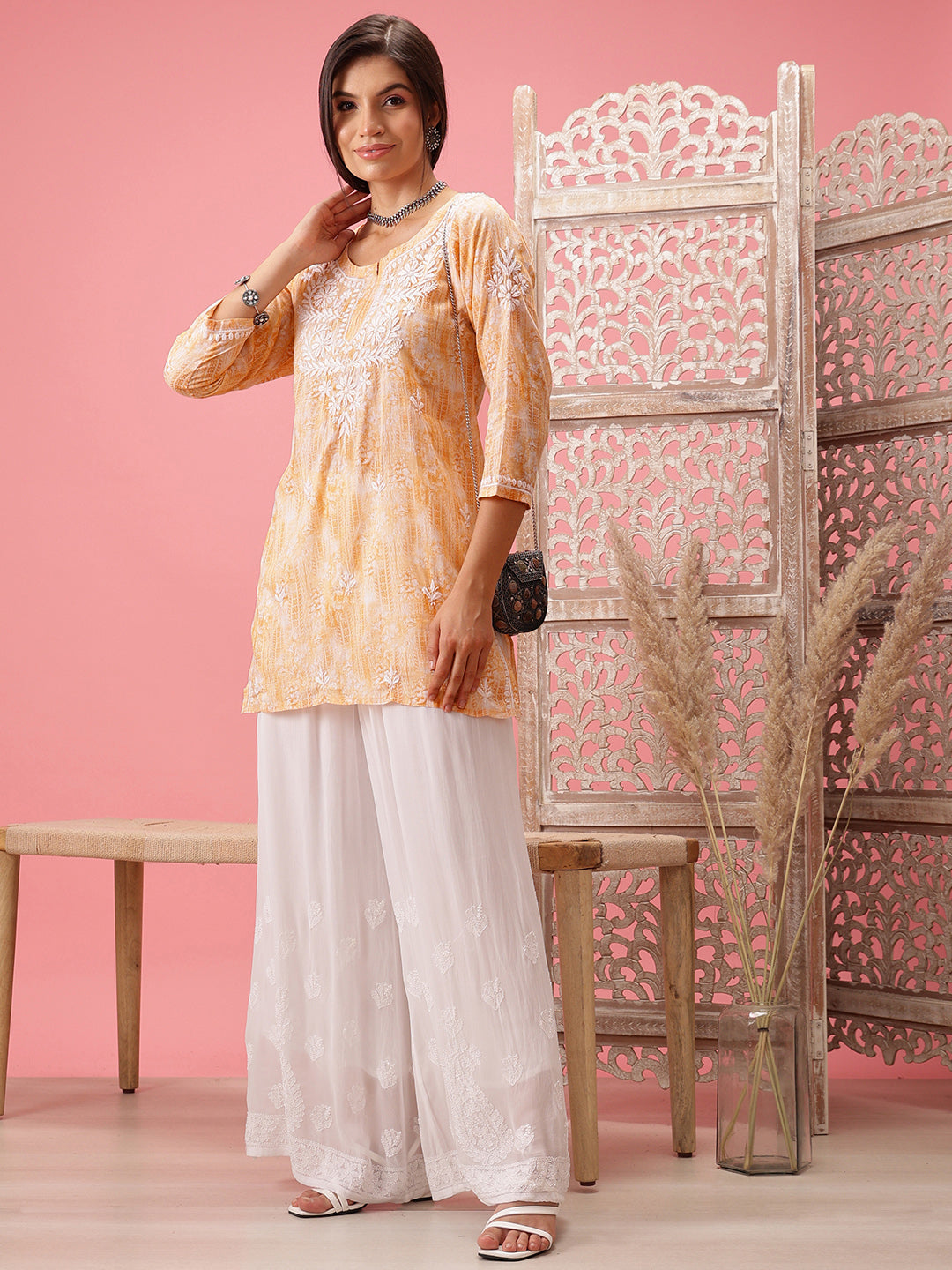 Yellow-&-White-Cotton-Embroidered-Chikankari-Tunic