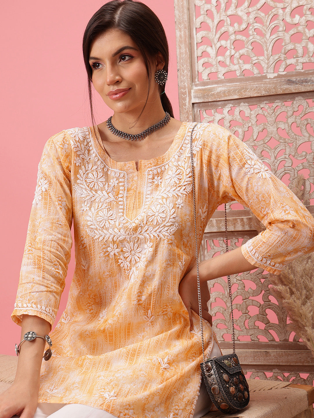 Yellow-&-White-Cotton-Embroidered-Chikankari-Tunic