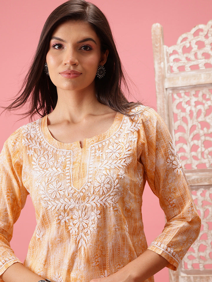 Yellow-&-White-Cotton-Embroidered-Chikankari-Tunic