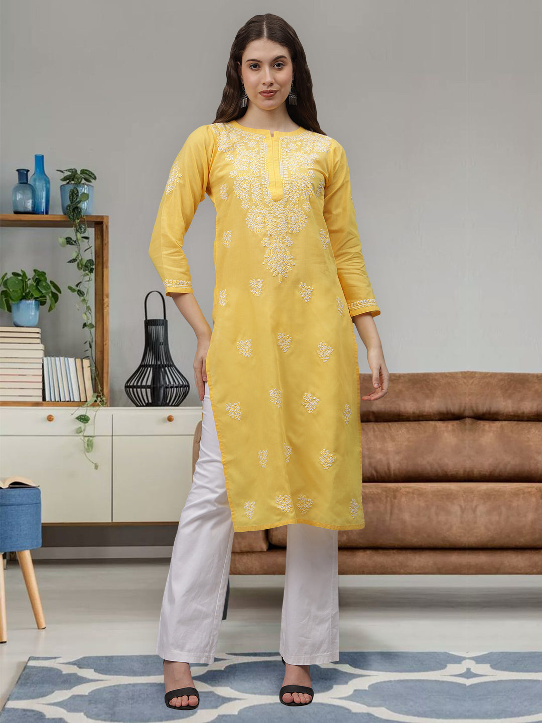 Yellow-&-White-Cotton-Embroidery-Chikankari-Kurta