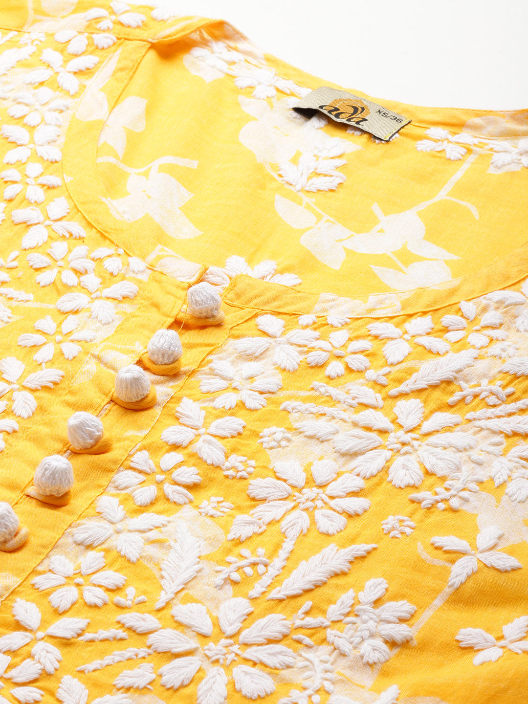 Yellow-&-White-Cotton-Floral-Embroidered-Chikankari-Kurti