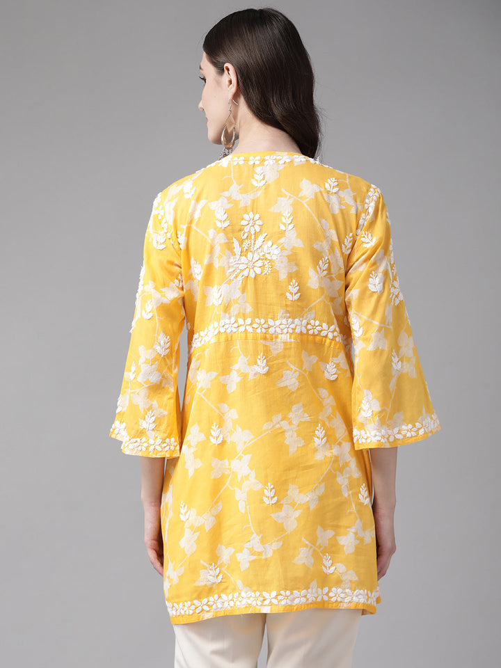 Yellow-&-White-Cotton-Floral-Embroidered-Chikankari-Kurti
