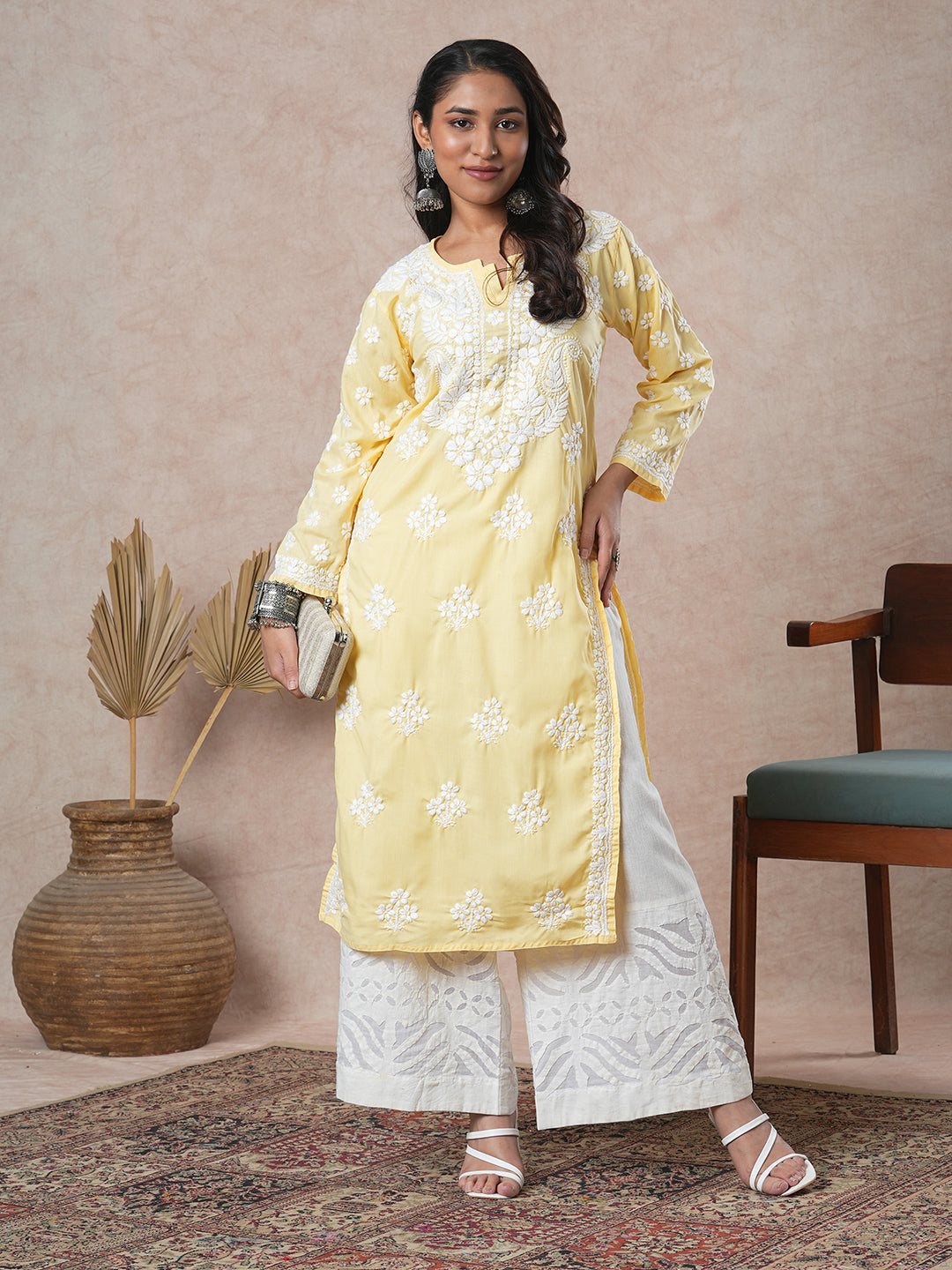 Yellow-&-White-Cotton-Floral-Notch-Neck-Chikankari-Kurta