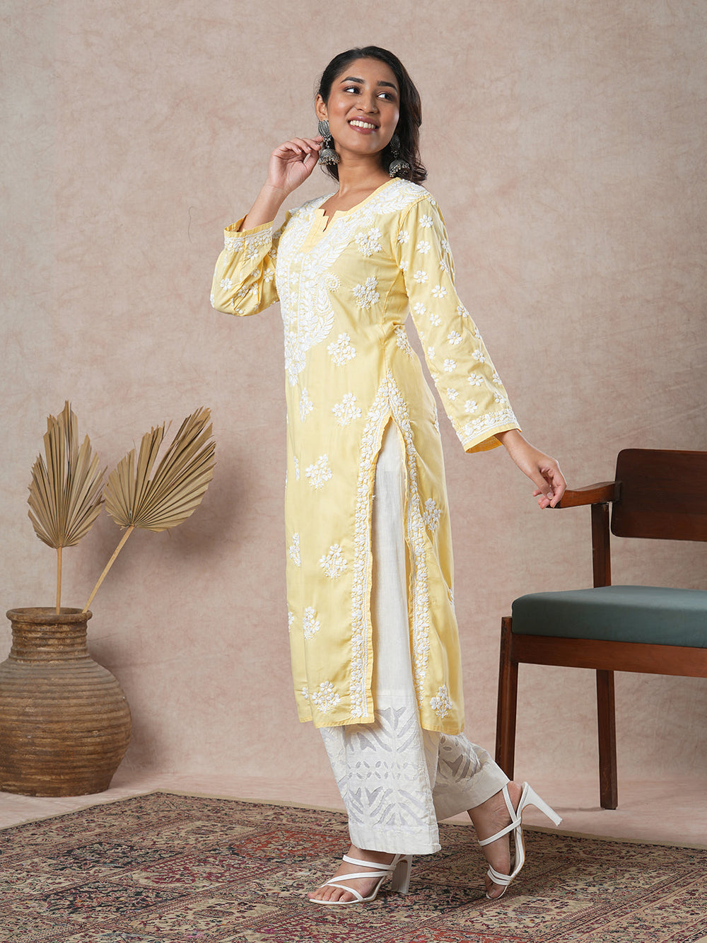 Yellow-&-White-Cotton-Floral-Notch-Neck-Chikankari-Kurta