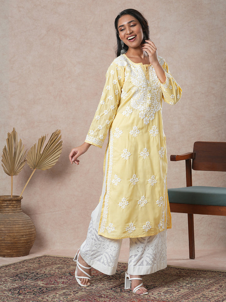 Yellow-&-White-Cotton-Floral-Notch-Neck-Chikankari-Kurta