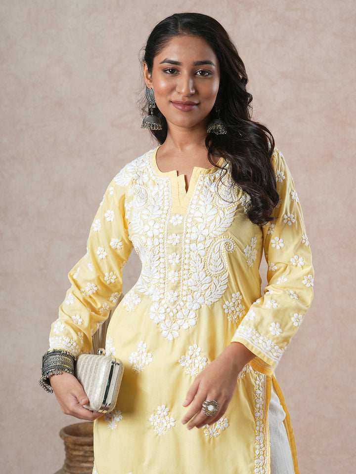 Yellow-&-White-Cotton-Floral-Notch-Neck-Chikankari-Kurta