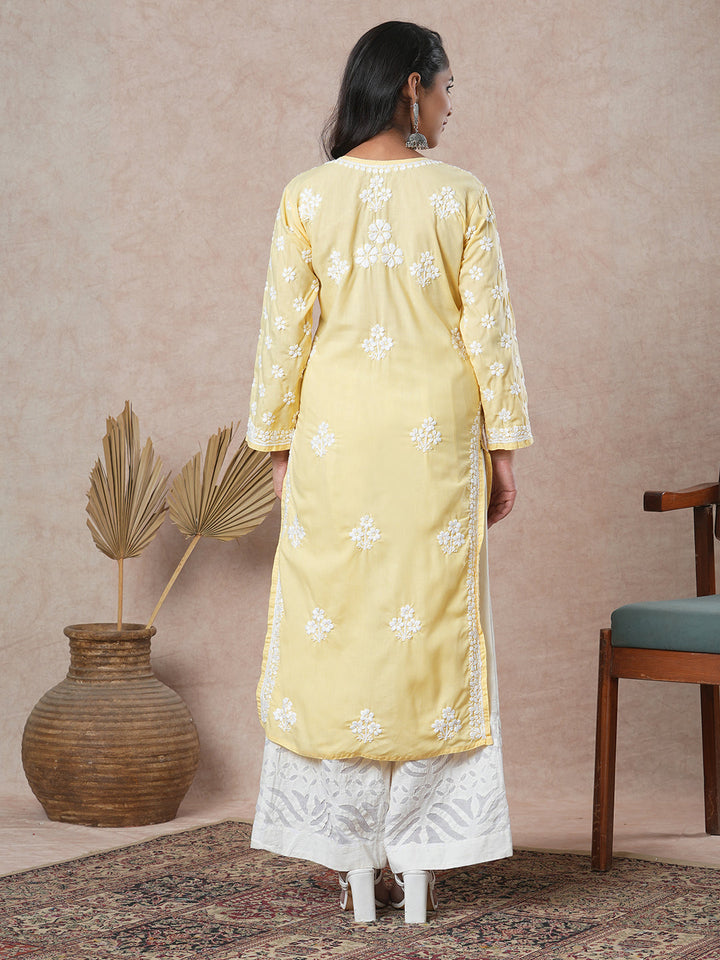 Yellow-&-White-Cotton-Floral-Notch-Neck-Chikankari-Kurta