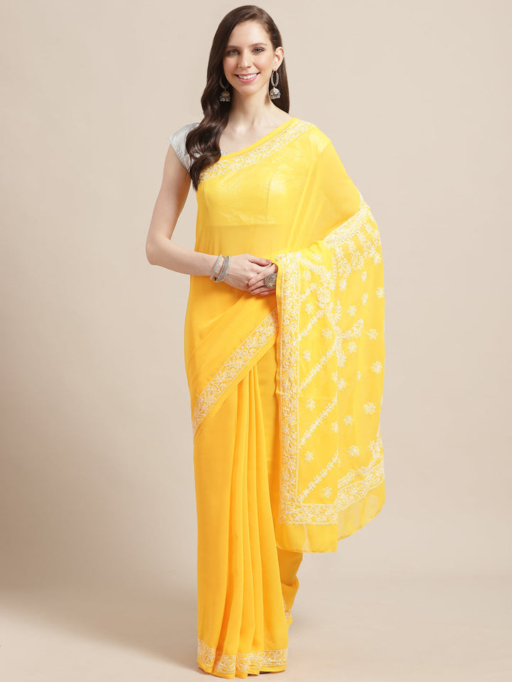 Yellow-&-White-Georgette-Hand-Embroidered-Chikankari-Saree