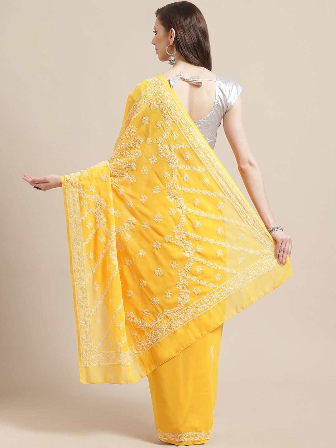 Yellow-&-White-Georgette-Hand-Embroidered-Chikankari-Saree