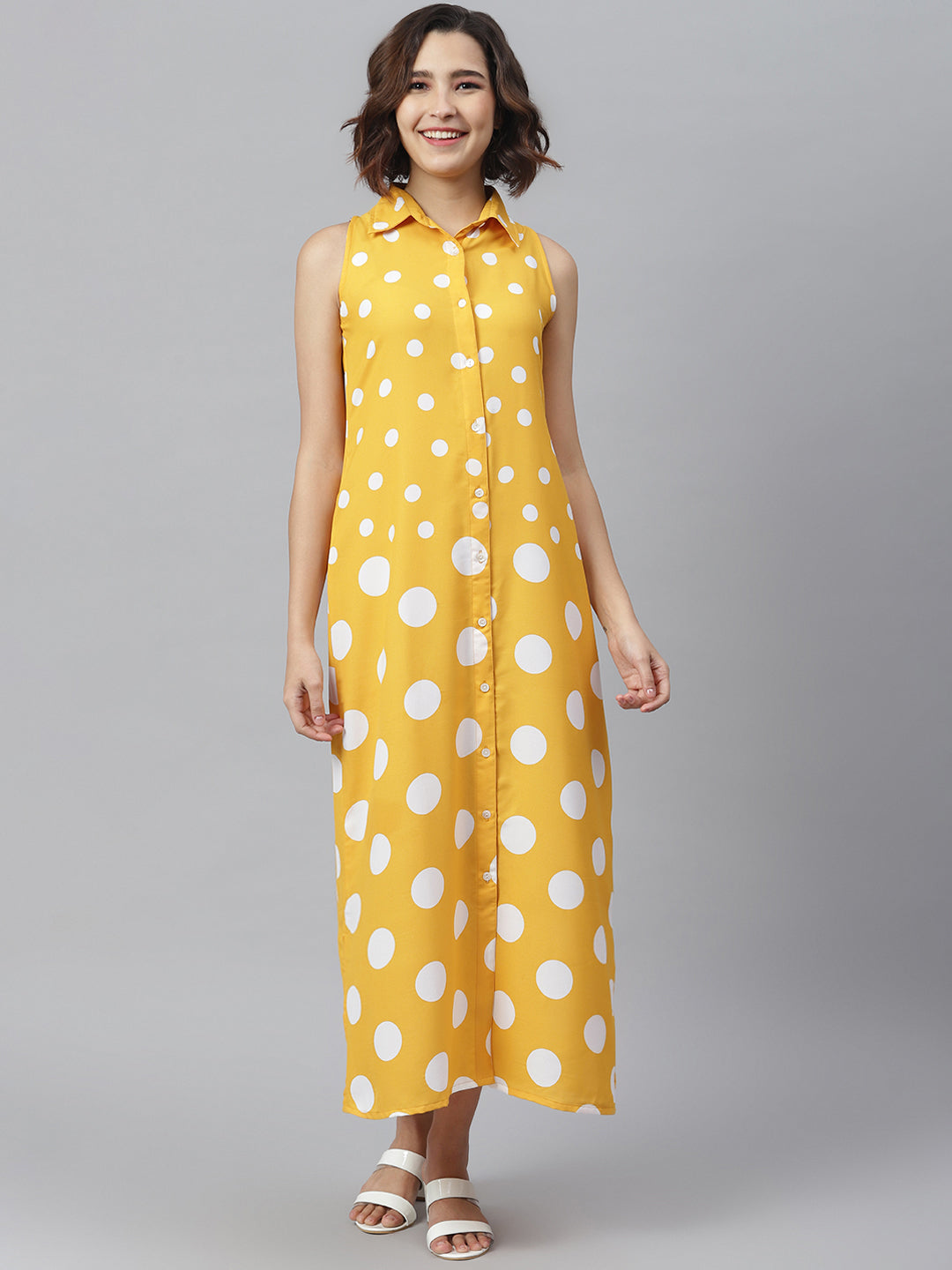 Yellow-&-White-Polyester-Polka-Maxi-Dress