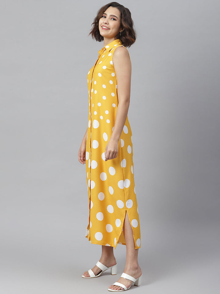 Yellow-&-White-Polyester-Polka-Maxi-Dress