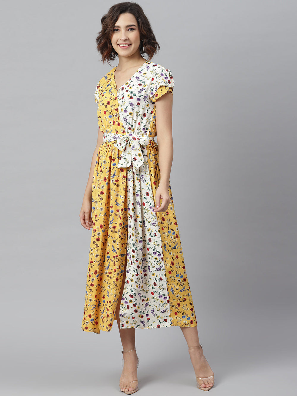 Yellow-&-White-Polyester-Wrap-Dress-With-Contrast-Panel