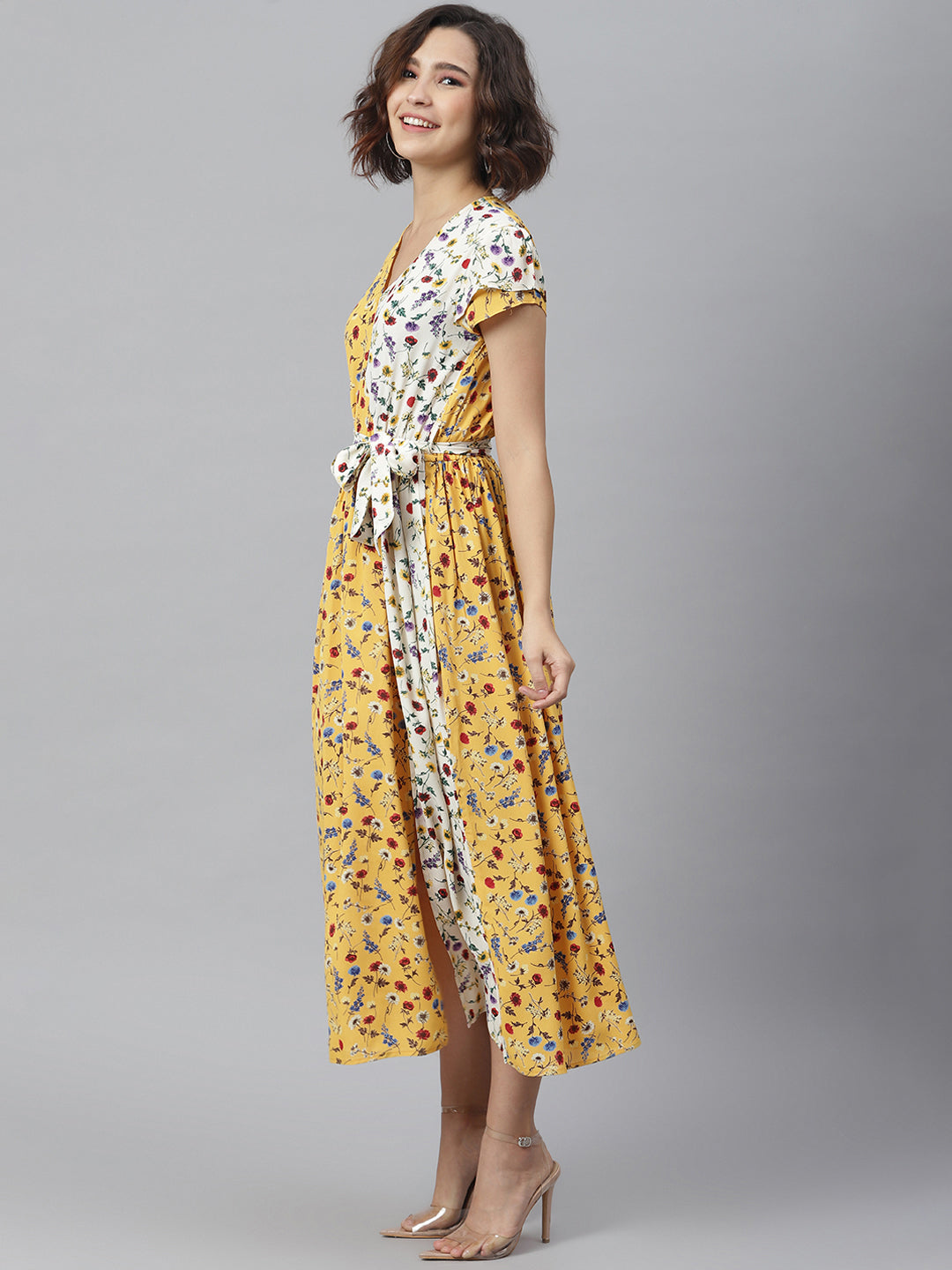 Yellow-&-White-Polyester-Wrap-Dress-With-Contrast-Panel