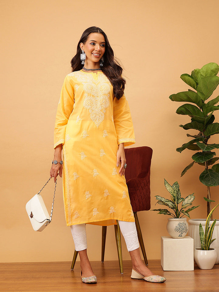 Yellow & White Sustainable Cotton Chikankari Kurta