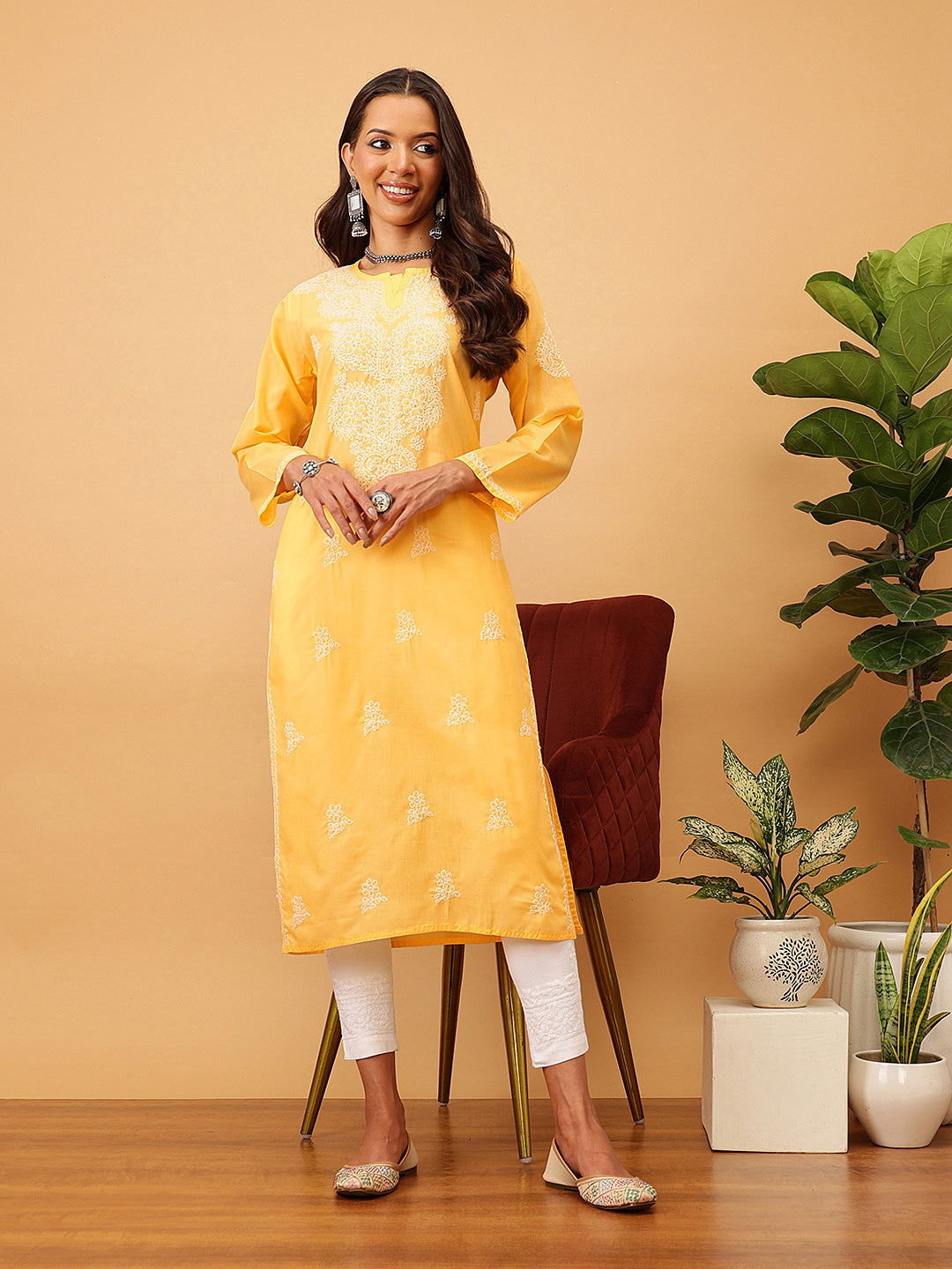 Yellow & White Sustainable Cotton Chikankari Kurta