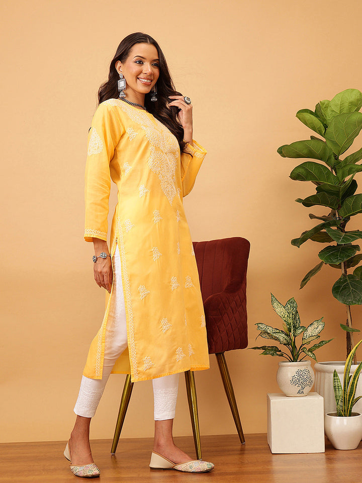 Yellow & White Sustainable Cotton Chikankari Kurta