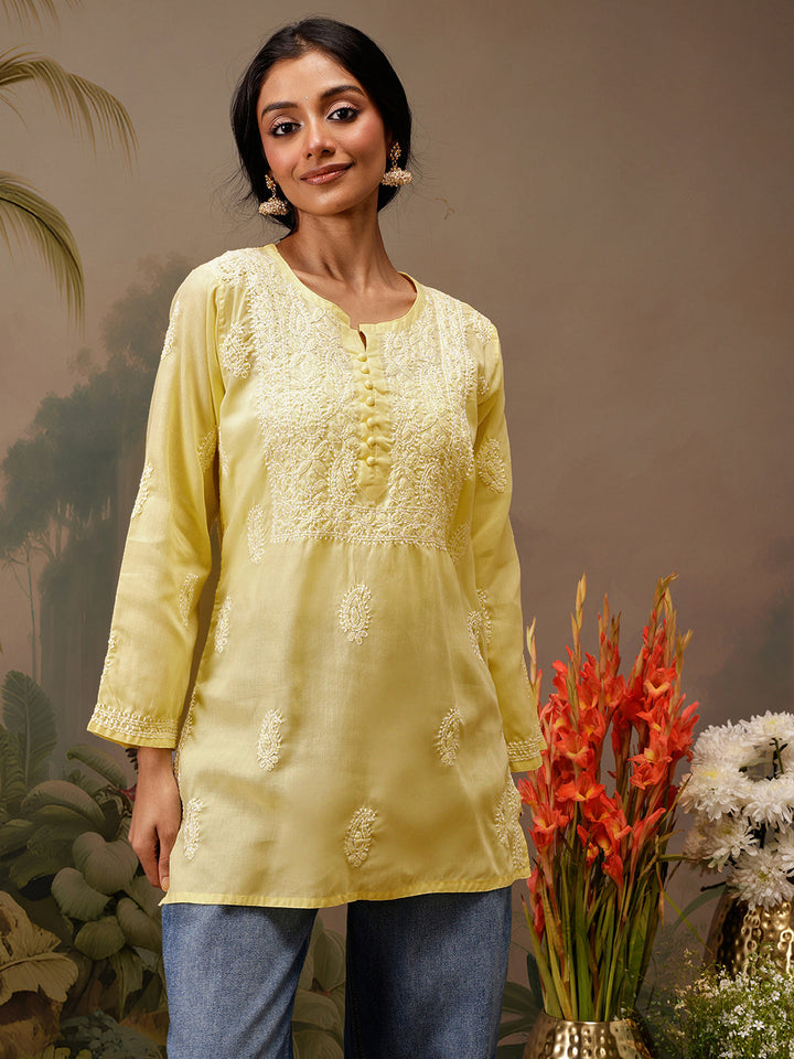 Yellow Cotton 100% Original Chikankari Tunic Top