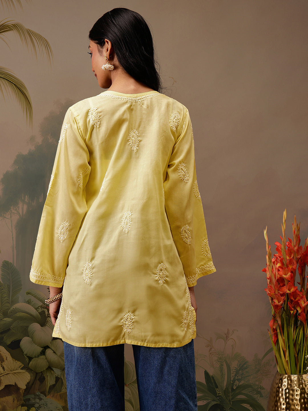 Yellow Cotton 100% Original Chikankari Tunic Top