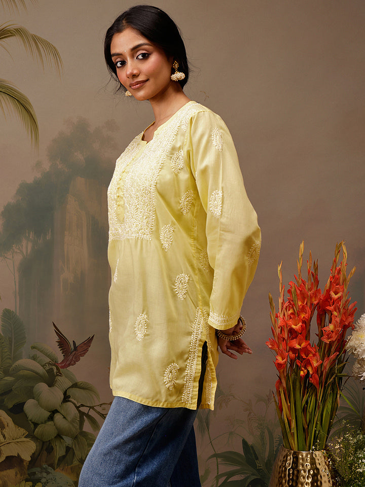 Yellow Cotton 100% Original Chikankari Tunic Top
