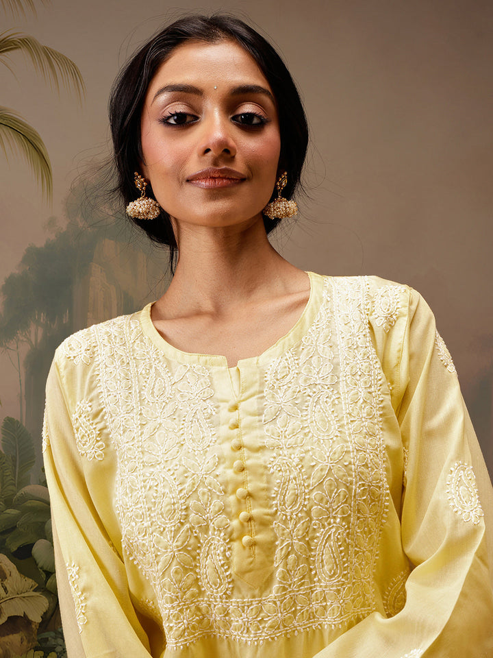 Yellow Cotton 100% Original Chikankari Tunic Top