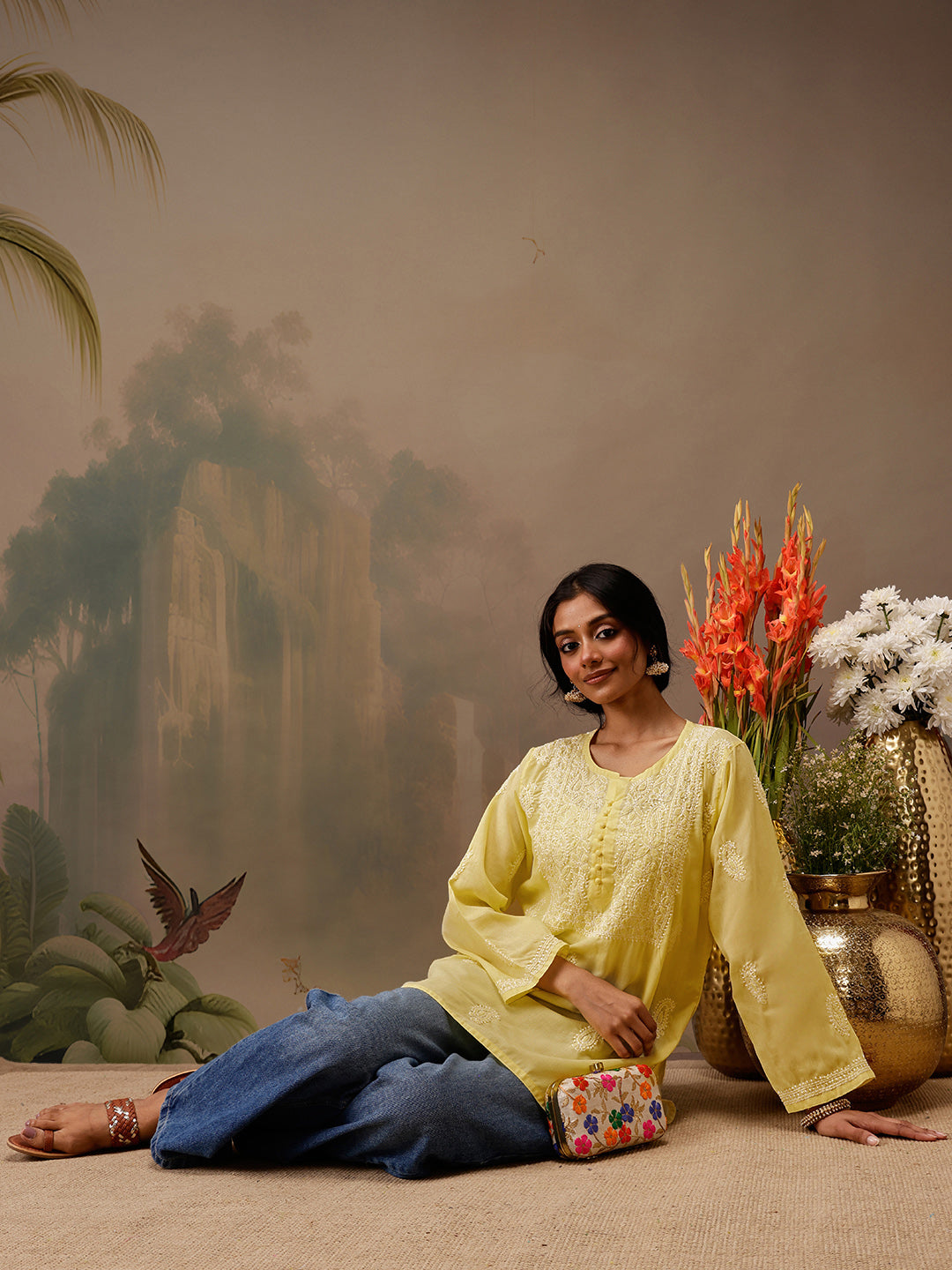 Yellow Cotton 100% Original Chikankari Tunic Top