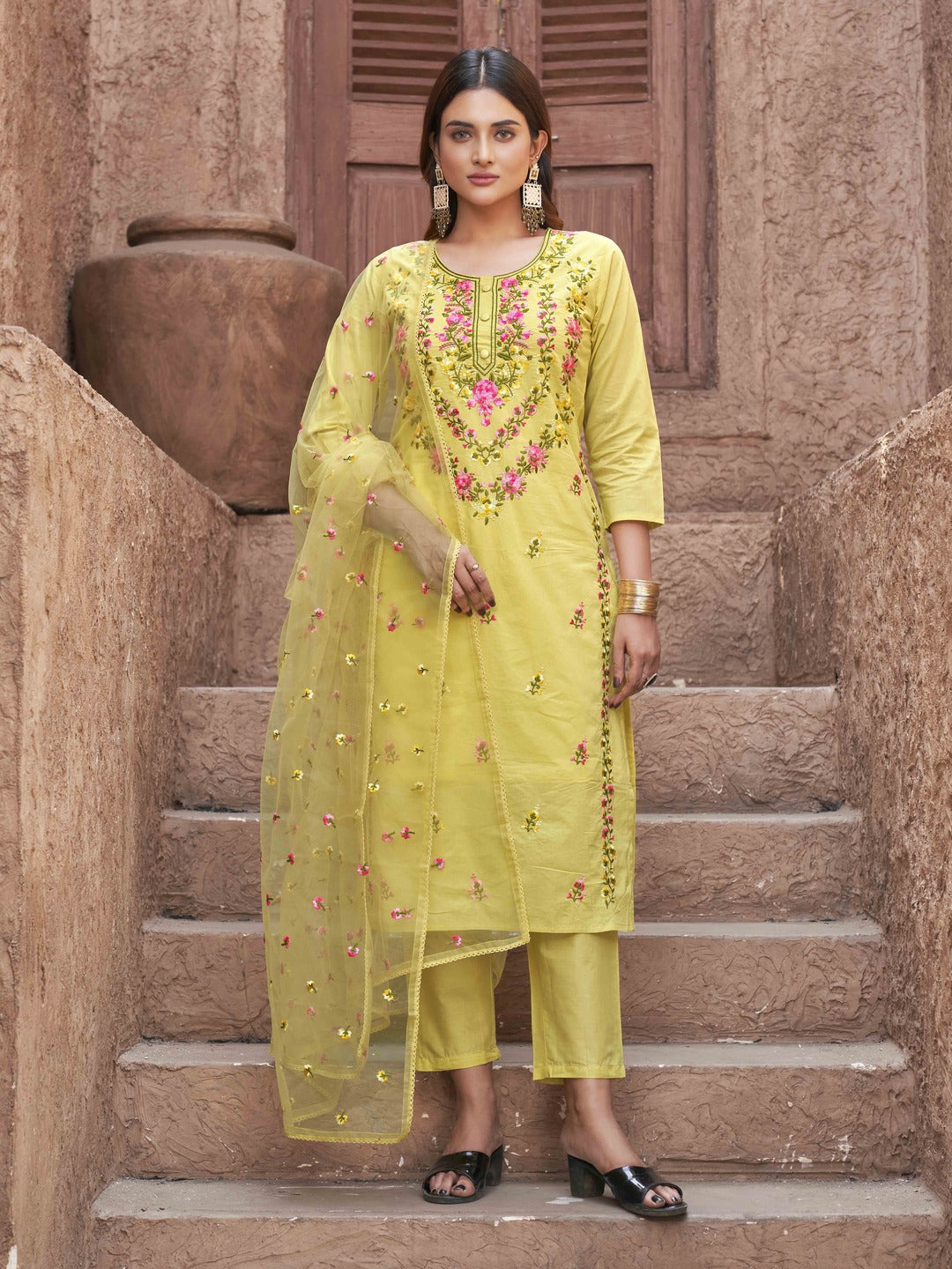 Yellow-Cotton-with-Multi-Thread-Embroidered-3-Piece-Kurta-Set