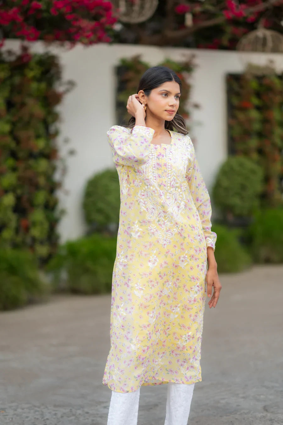Yellow-Georgette-Chikankari-Kurta-With-Slip
