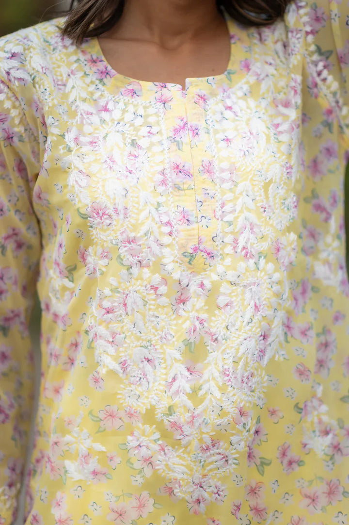Yellow-Georgette-Chikankari-Kurta-With-Slip
