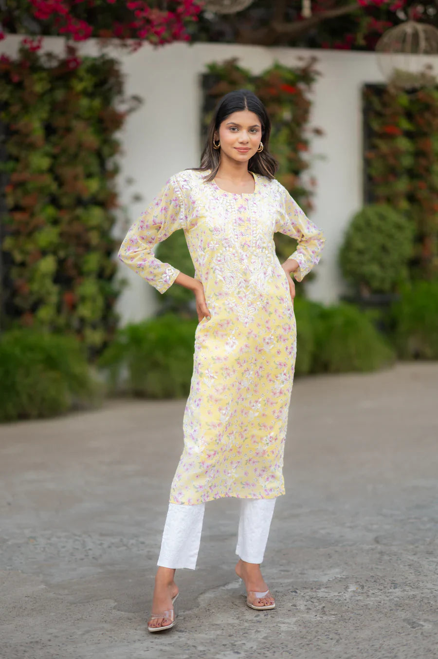 Yellow-Georgette-Chikankari-Kurta-With-Slip