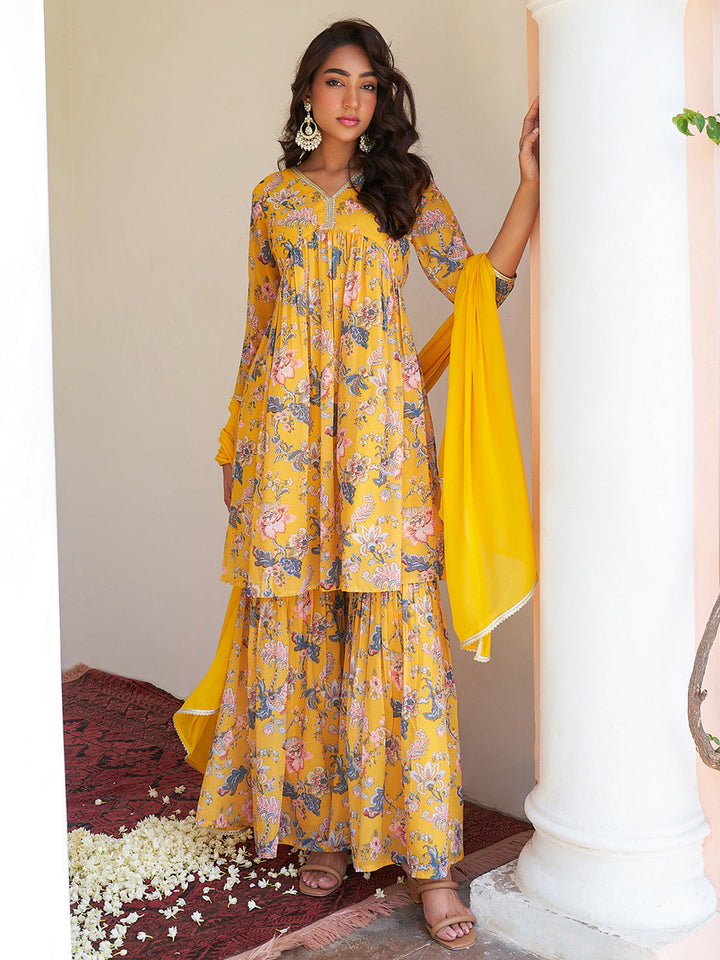 Yellow Georgette Digital Floral Printed Sharara Set