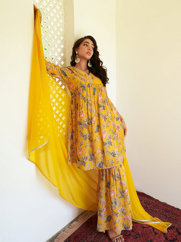 Yellow Georgette Digital Floral Printed Sharara Set