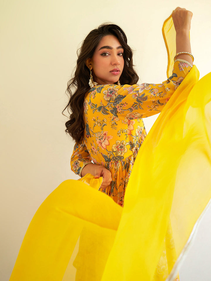 Yellow Georgette Digital Floral Printed Sharara Set