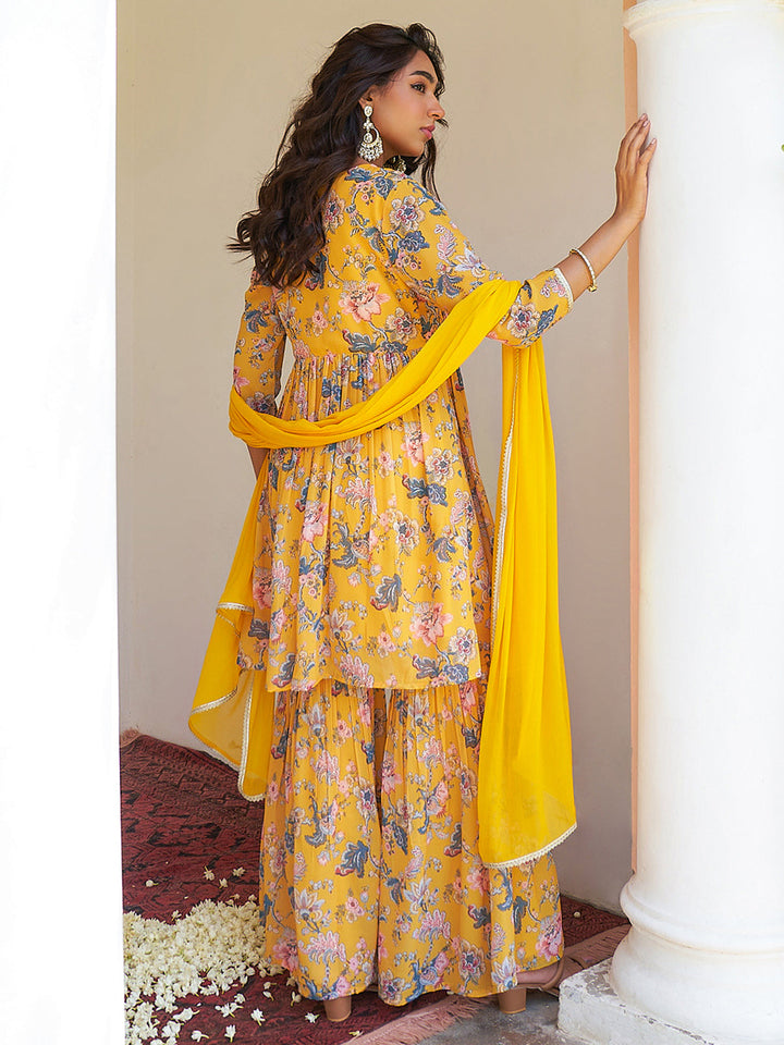 Yellow Georgette Digital Floral Printed Sharara Set