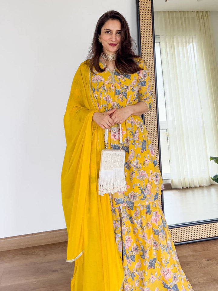 Yellow Georgette Digital Floral Printed Sharara Set
