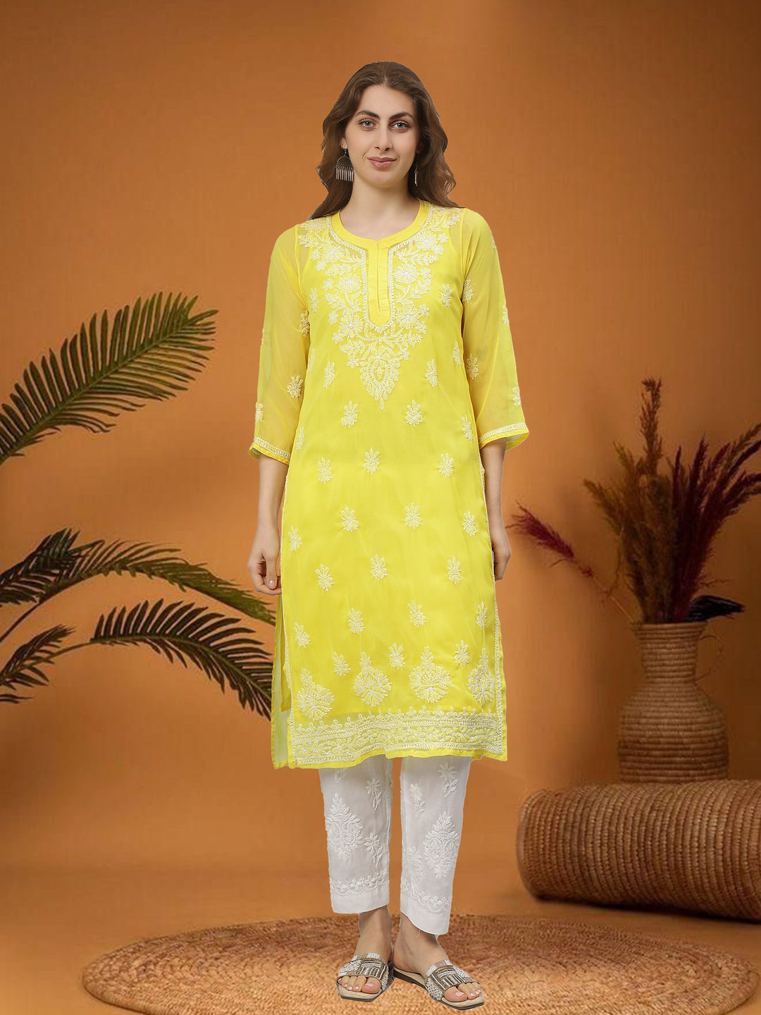 Yellow-Georgette-Embroidered-Chikankari-Kurta-With-Slip