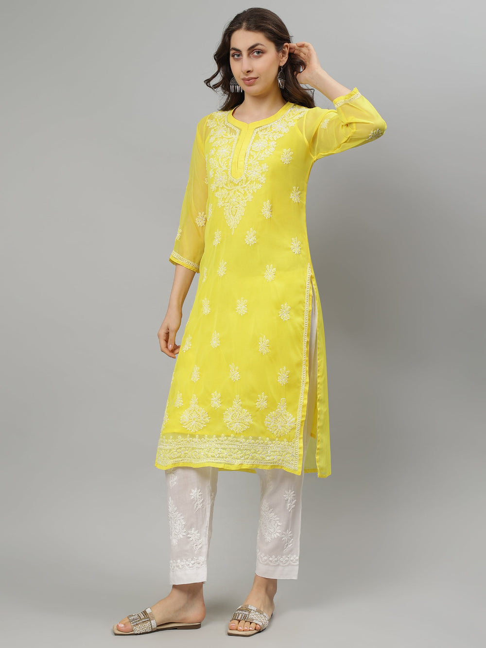 Yellow-Georgette-Embroidered-Chikankari-Kurta-With-Slip