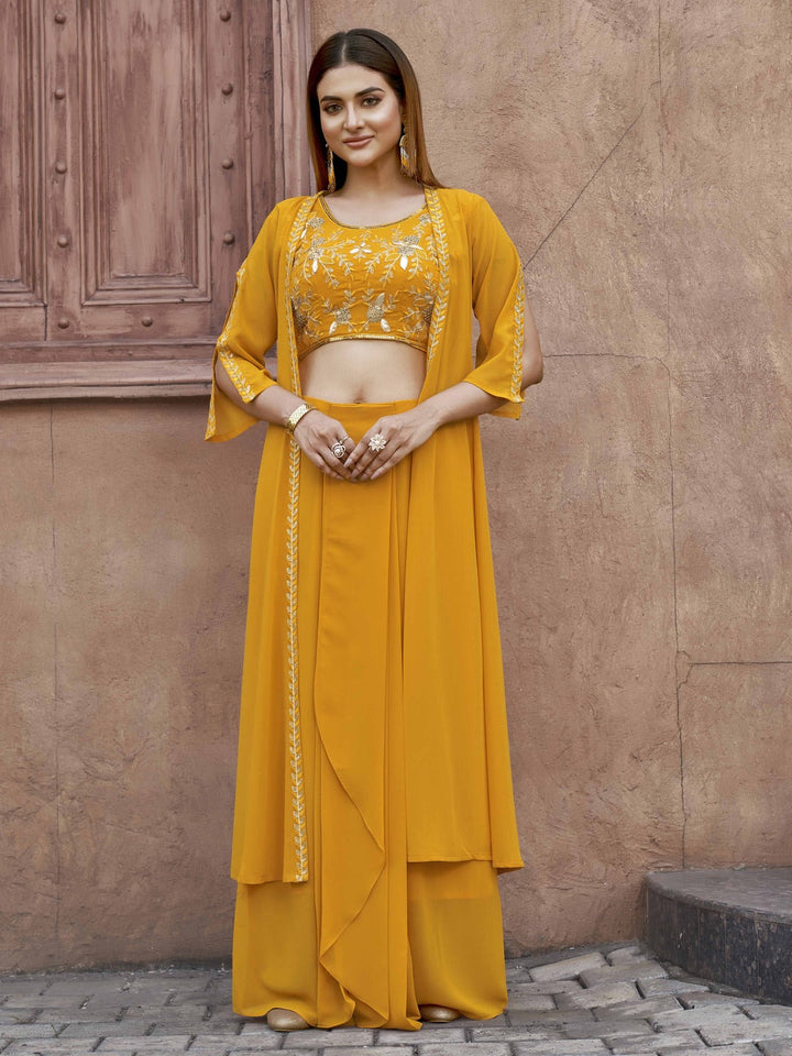 Yellow-Georgette-Embroidered-Crop-Top,-Skirt-with-Shrug
