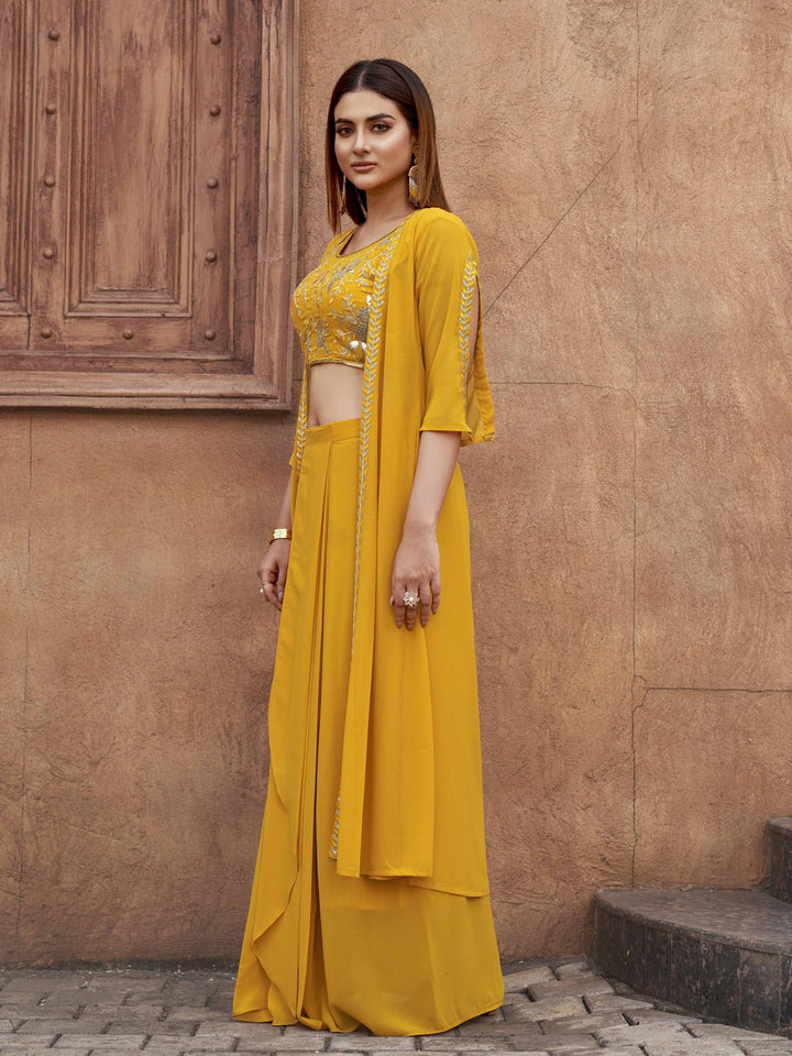 Yellow-Georgette-Embroidered-Crop-Top,-Skirt-with-Shrug